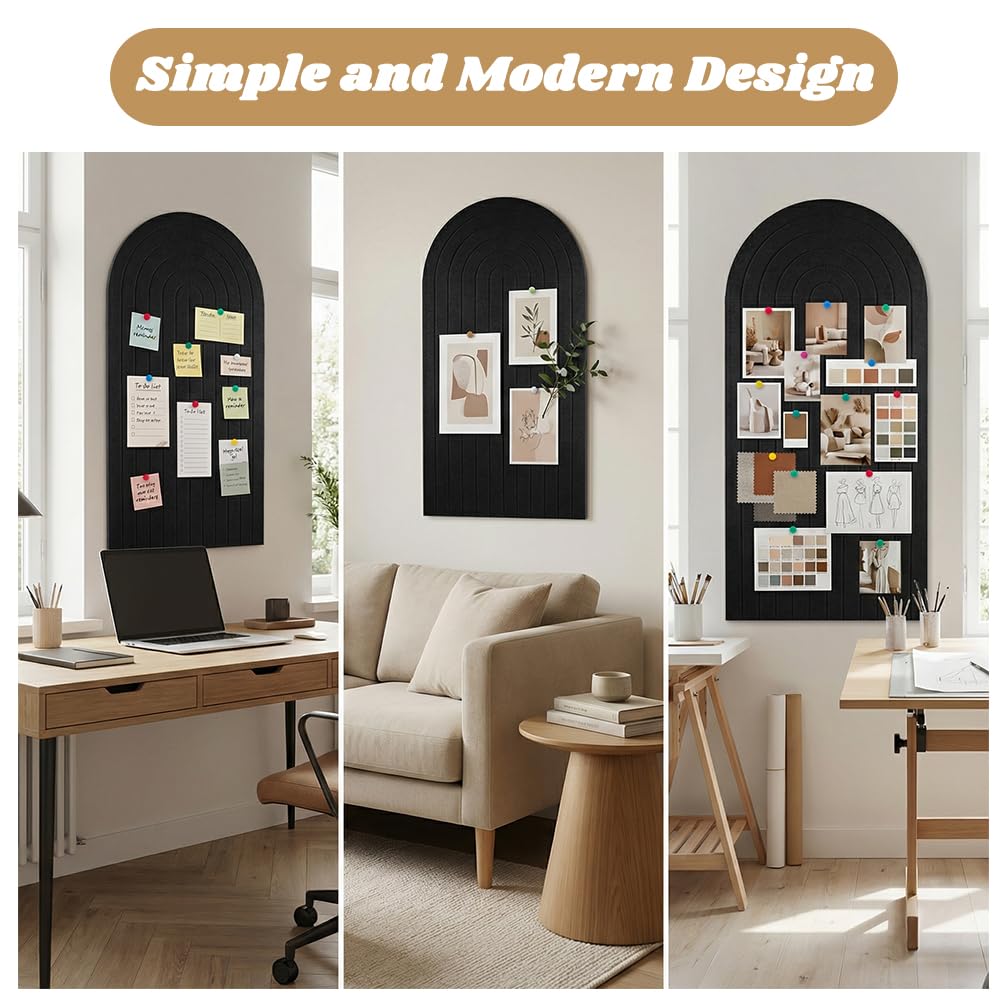 Large Arched Felt Bulletin Board, 47" x 24" Cork Board Alternative with 30 Push pins, 8 Customizable Adhesive Tiles for Office, Home Wall Decor, Photos and Workspace(Black)