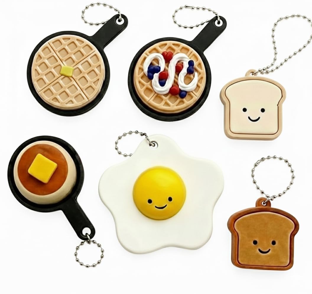 Breakfast Fidget Clicker Set – 6-Pack Clicker Keychains Cute 3D Printed Egg, Toast, Pancake & Waffle Fidget Accessory for Relief of Stress and Backpack Charm