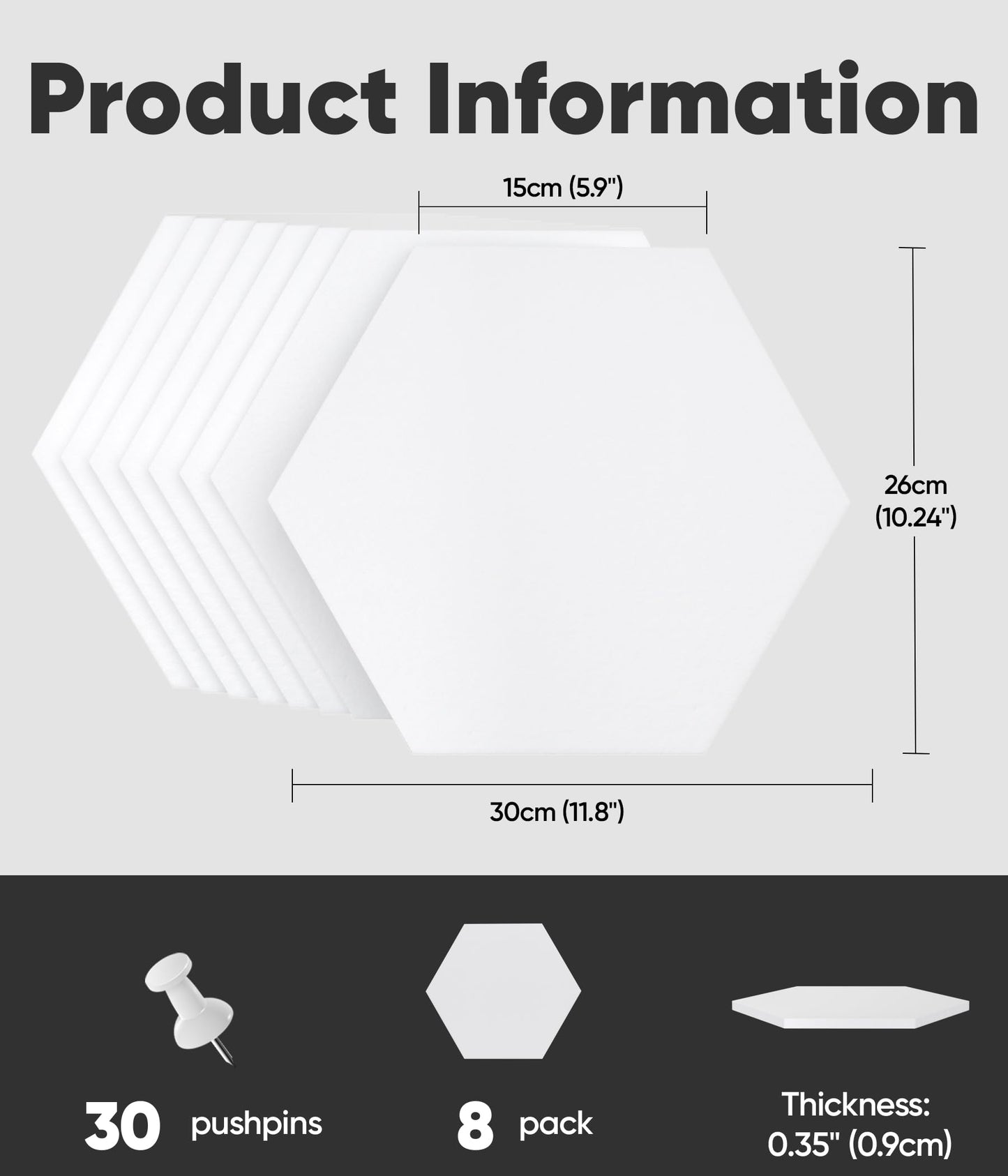 Toptople 12 Inch Large Hexagon Cork Board for Walls, 8 Pack Felt Bulletin Board Tiles, Pin Board with Push Pins for Office Photo and Note, White