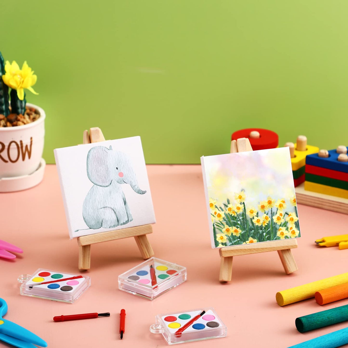 24 Sets Mini Paint Canvas Kit Mini Acrylic Art Party Favor Watercolor Painting Set with Panel Wood Easel Small Art Strips Palettes Brush Teacher School Classroom Reward Party Supplies Birthday Gift
