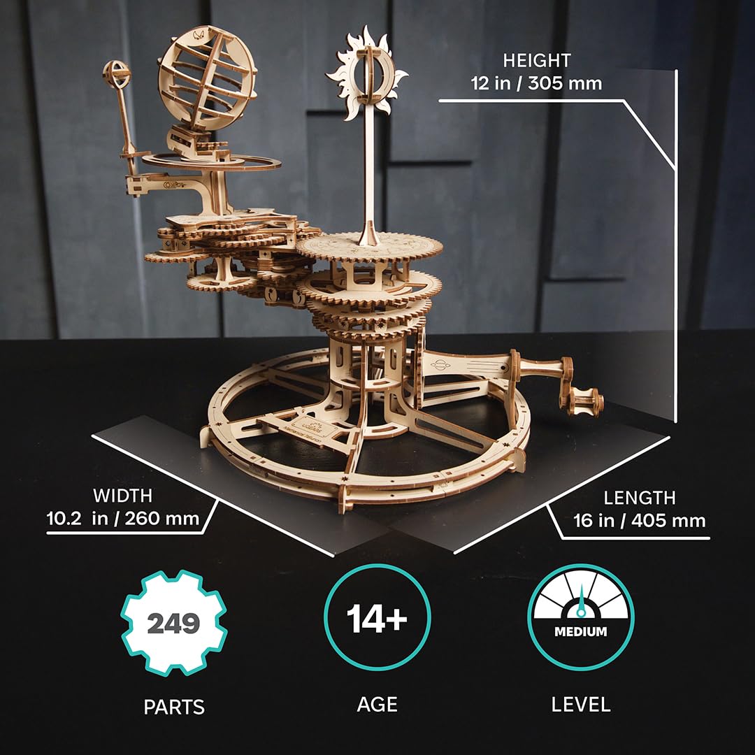 UGEARS Mechanical Tellurion 3D Puzzle - 3D Wooden Puzzled for Adults, Solar System Model Kit, Wooden Model Kits for Adults to Build, Mechanical Models Brain Teaser Puzzle