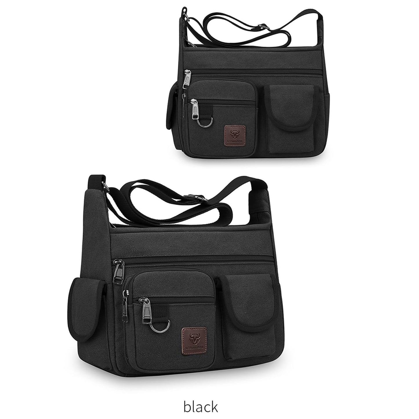 LEBULLBRO Canvas Shoulder Bag for Mens Multi-pockets 13 inch Laptop Messenger Bag Sling Bags School Crossbody Bags Travel (Black)