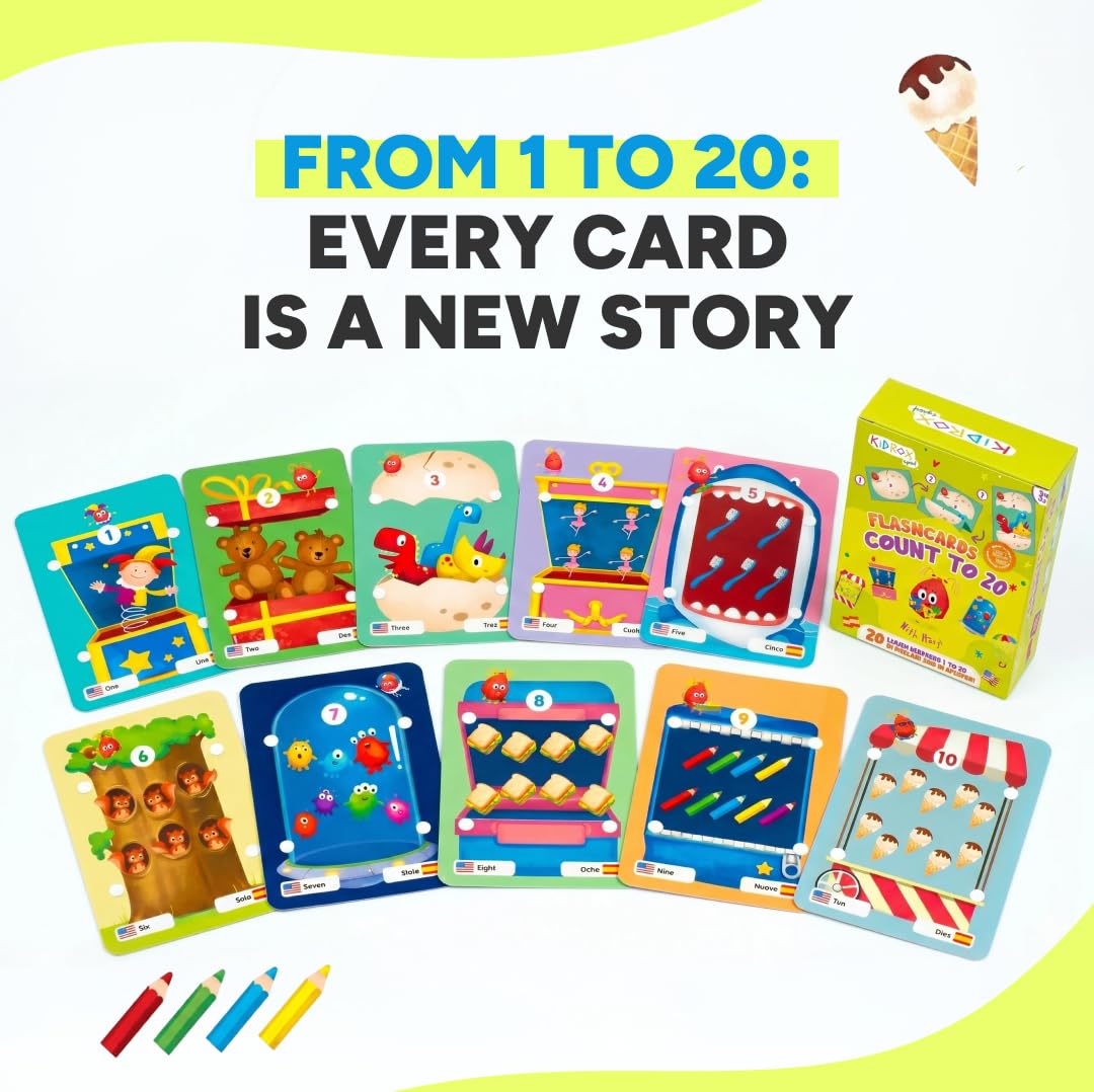 KIDROX Count to 20 Flashcards – Open & Discover Hidden Surprises! Learn Numbers 1–20 in English & Spanish with Marji | 20 Fold-Out Cards | Fun Counting Game for Kids 3+