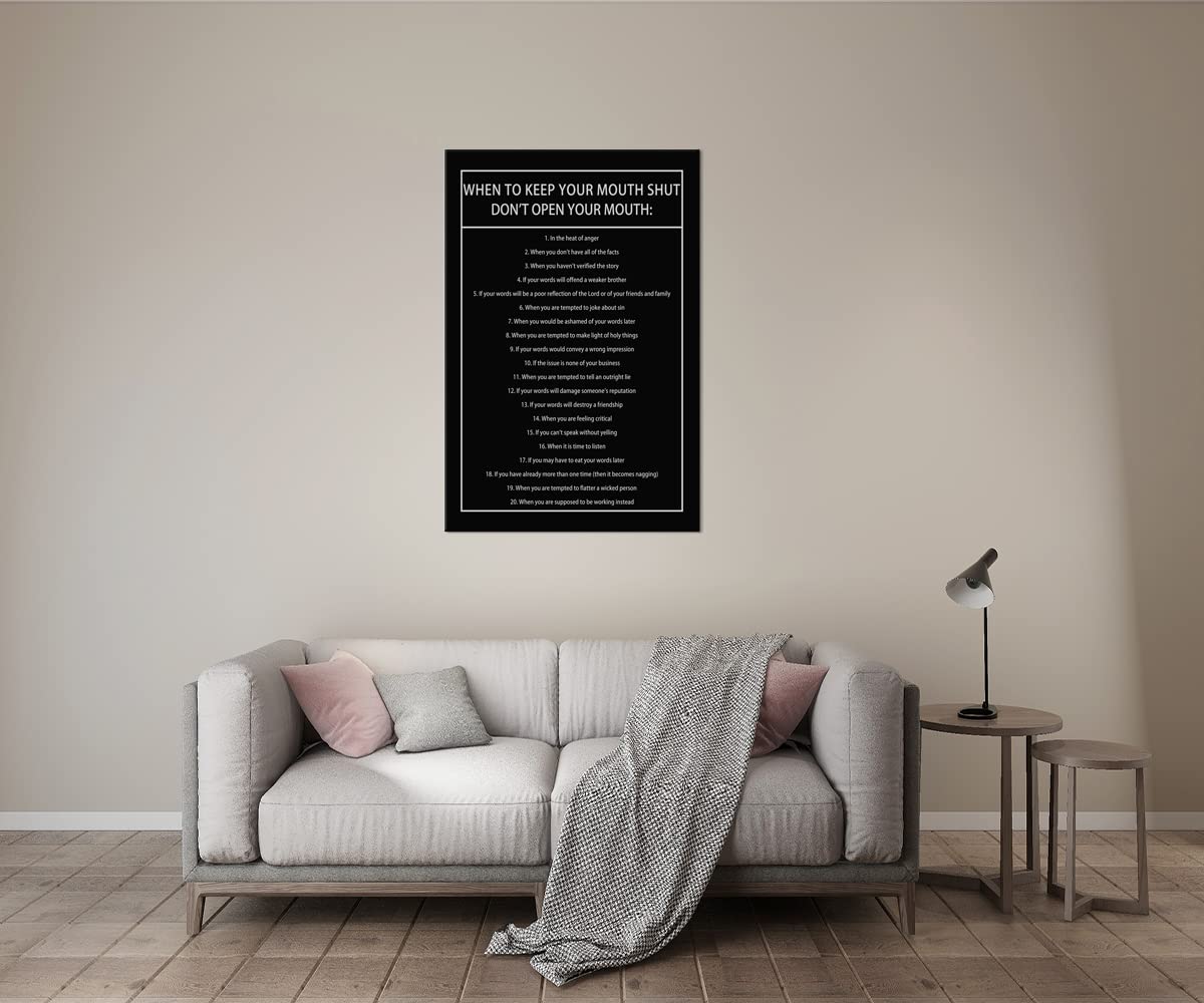 Inspirational Canvas Wall Art When to Keep Your Mouth Shut Don't Open Your Mouth Life Motivational Poster Life Learning Quote Picture Home Office Decor Painting Framed and Stretched[24''W x 36''H]