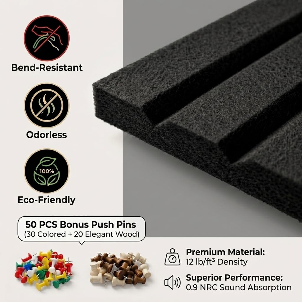 LOUKAII 0.47" Extra Thick Felt Bulletin Board, 6 Pack 36"x24" Large Pin Board with 50 Push Pins & 30 Removable Adhesive Tabs, No-Warp Wall-Friendly Display for Home Office Classroom, Black