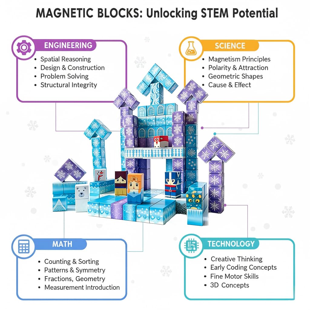 uMadeUs Magnetic Blocks Building Set - Puzzle Cubes as STEM Toys for Kids - Toddlers Sensory Construction Tiles - Ages 3+ Creative Educational Games for Boys and Girls - Frozen 100pc Blocks