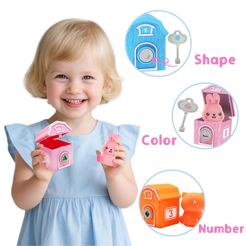 Kimicare Learning Montessori Toys for Toddlers, Sensory Farm Animals Train Toys with 10 Finger Puppets 1 Farmer, Counting Matching Sorting Barns with Keys Birthday Gifts Christmas Stocking Stuffers