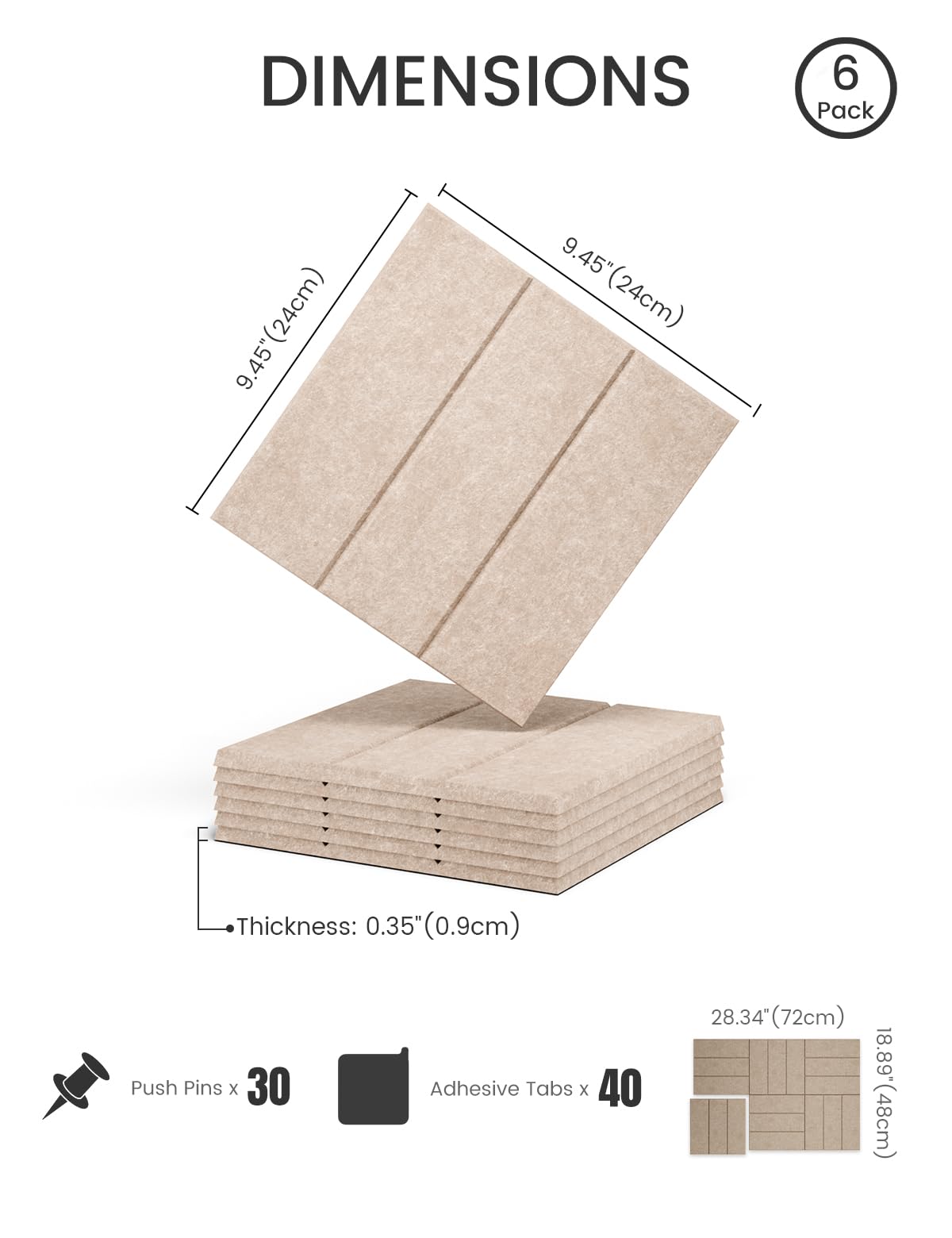 Felt Bulletin Board Tiles -28"x18" with 40 Adhesive Tabs, Cork Board Alternative for Office Decor, Push Pin Board Wall Organizer 6-Pack (Taupe)