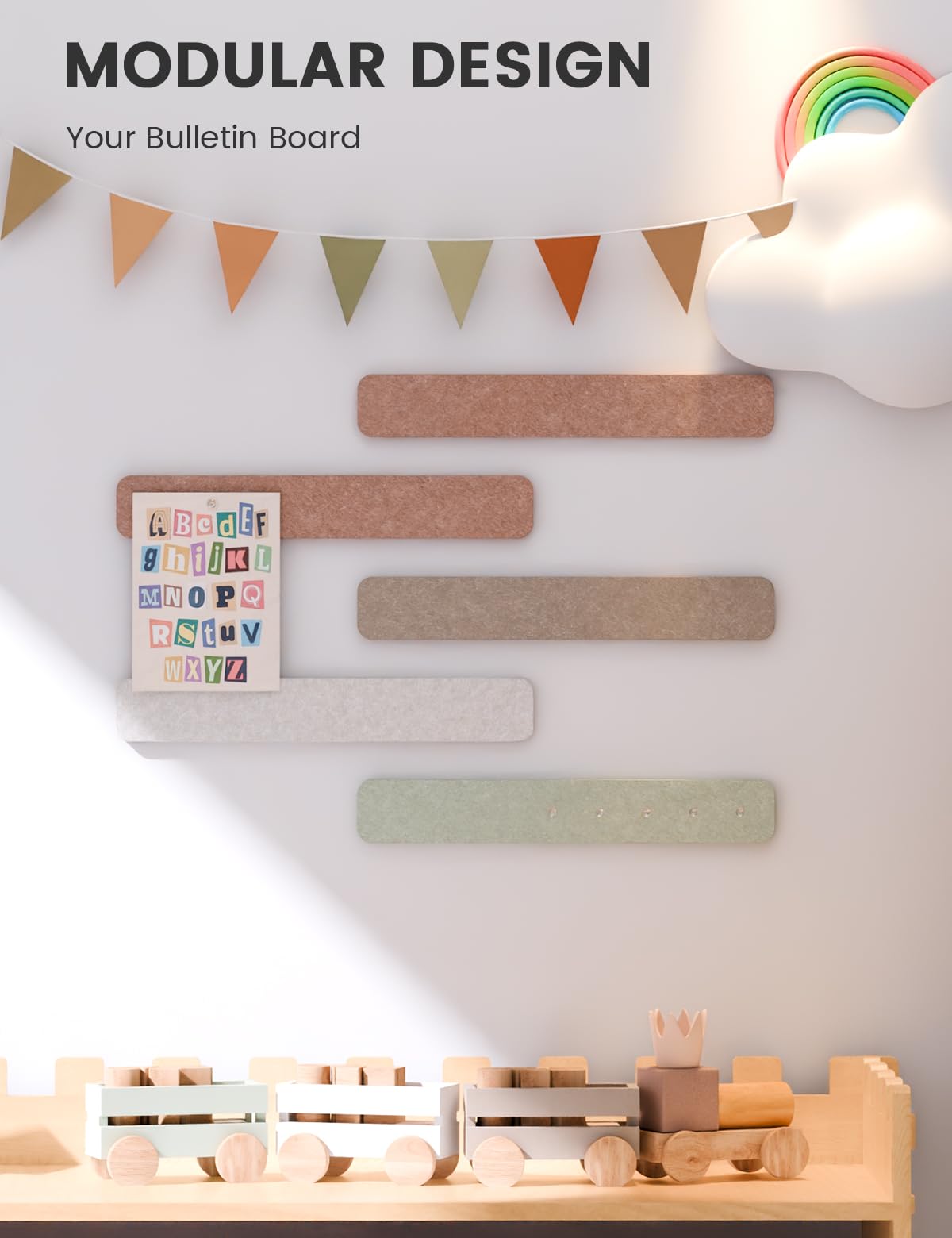 Fluxynara Cork Board Alternative Felt Strip Board 5-Pack 13"x2", Office Pin Board with 35 Push Pins, Adhesive Install for Bedroom Door & Home Office (Boho)