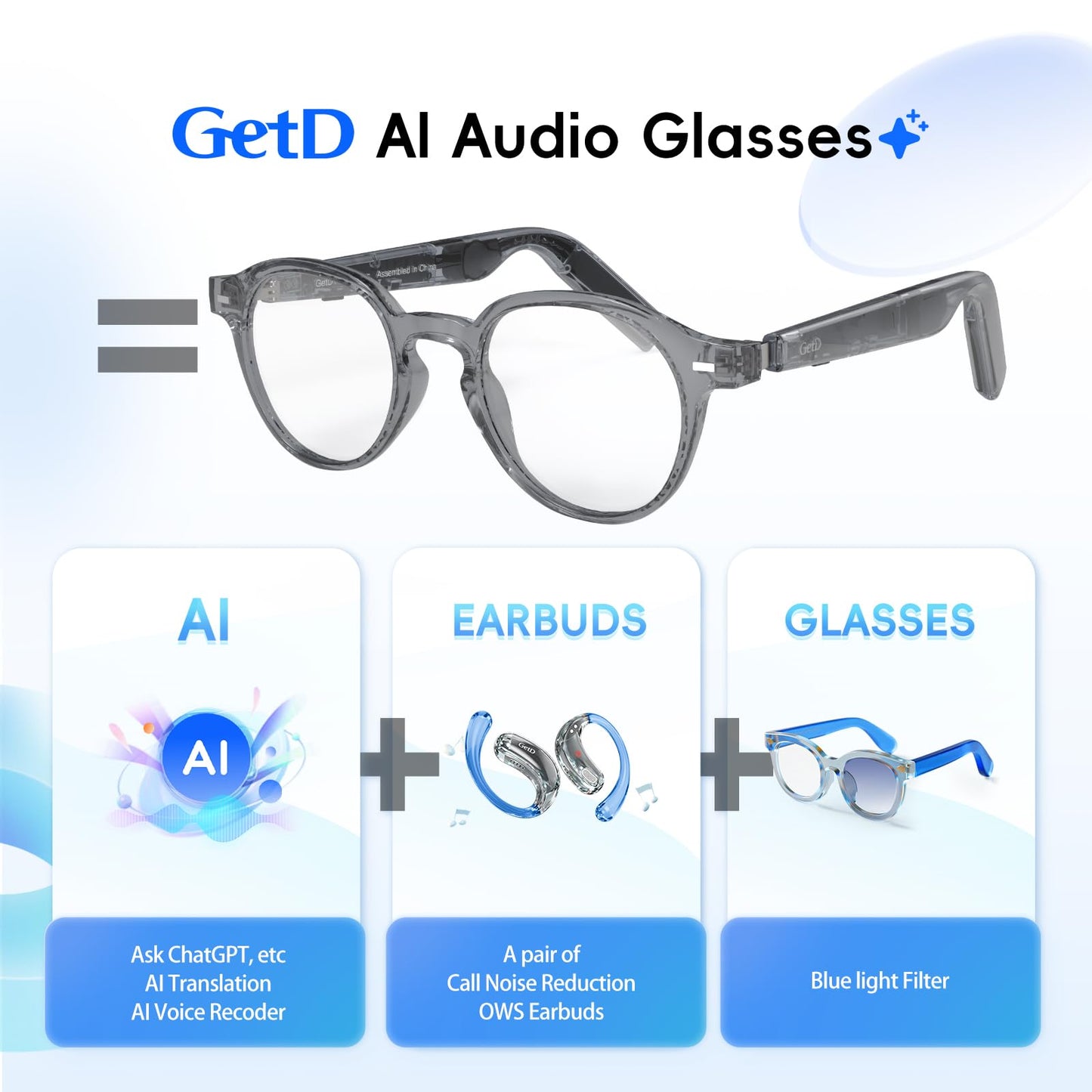 GetD 2026 AI Smart Glasses for Men & Women - Powered by ChatGPT with Real-Time 145-Language Translation, 11H Music/9H Calls, Electro-Gray Translucency & Blue Light Blocking for Travel and Daily Use