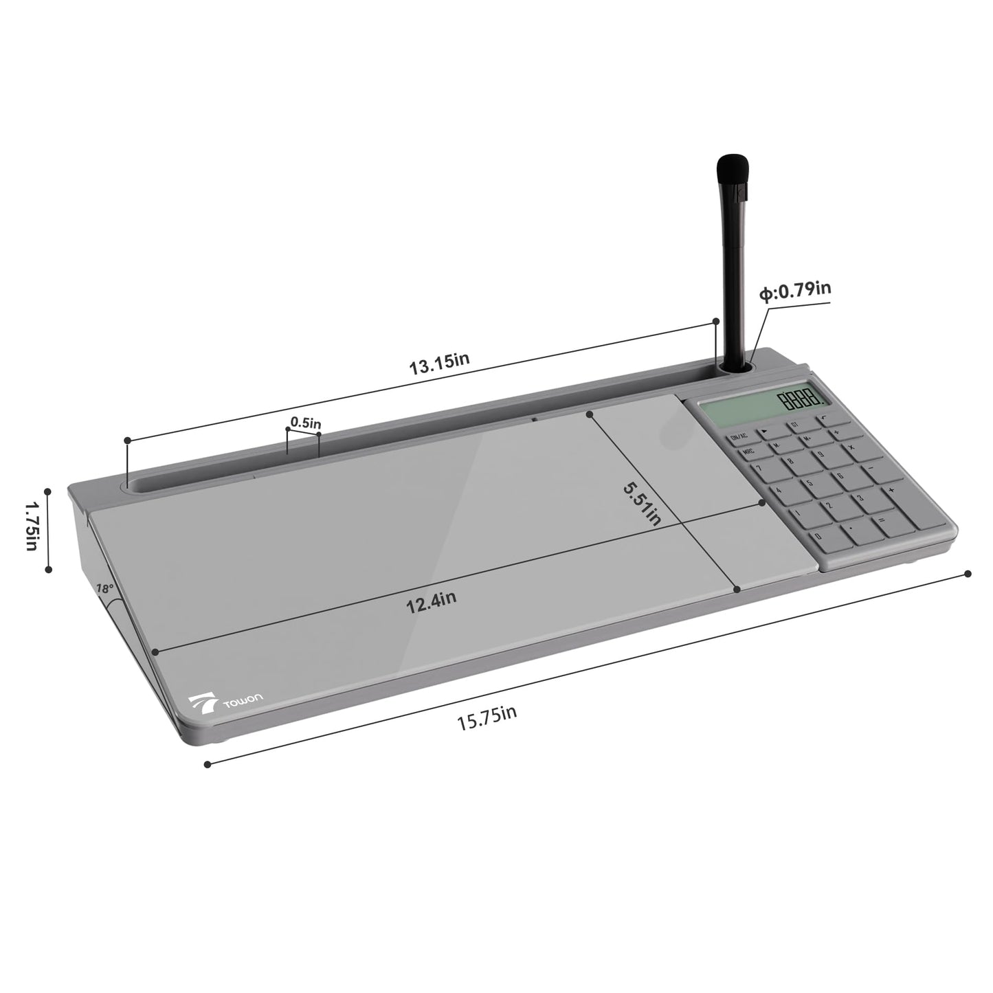TOWON Desktop Glass Whiteboard with Basic Calculator, 12 Digit LCD Display, Desk Organizers with Accessories for Office, Home, School Supplies, Storage with Dry Erase Board Surface, Gray, 18'' x 6''