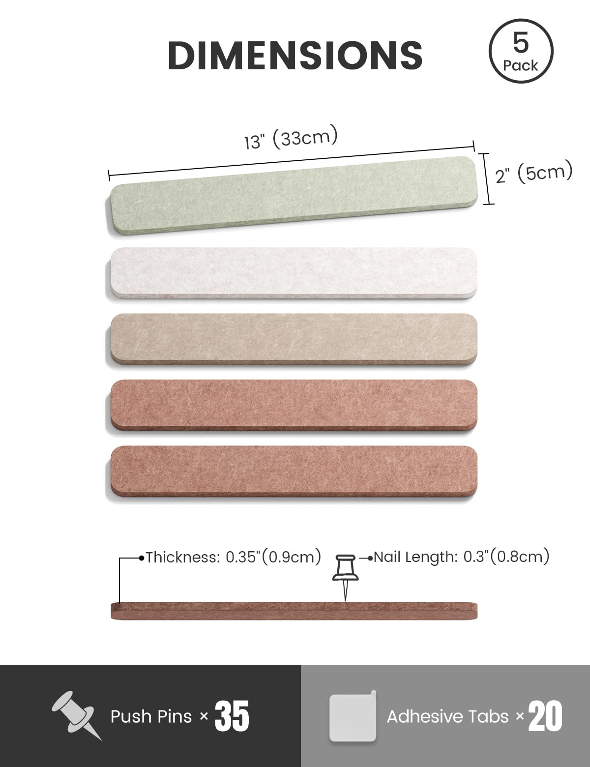Fluxynara Cork Board Alternative Felt Strip Board 5-Pack 13"x2", Office Pin Board with 35 Push Pins, Adhesive Install for Bedroom Door & Home Office (Boho)