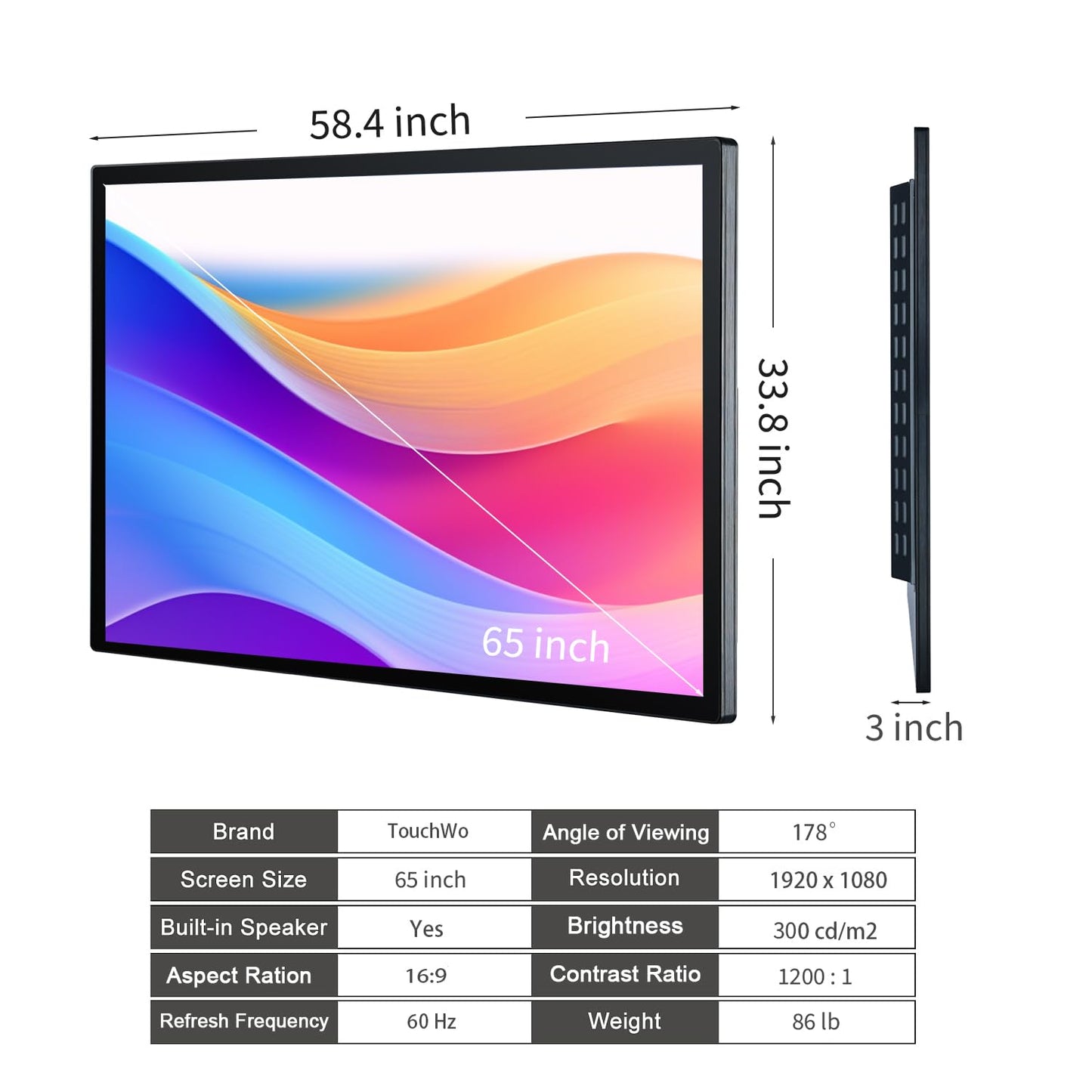 TouchWo 65 inch Capacitive Multi-Touch Screen Industrial Monitor, 16:9 Display 4K, Built-in Speakers, USB, VGA, DVI & HD-MI Ports, Digital Signage Displays and Player for Advertising
