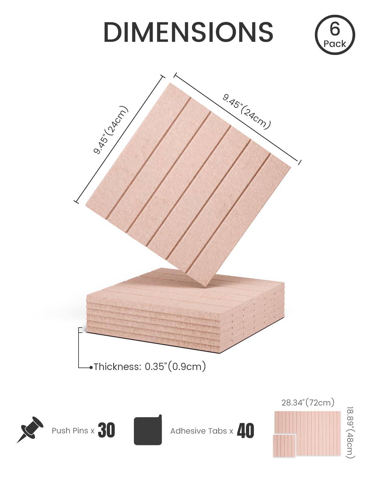 Felt Bulletin Board Tiles -28"x18" with 40 Adhesive Tabs, Cork Board Alternative for Office Decor, Push Pin Board Wall Organizer 6-Pack (Pink)