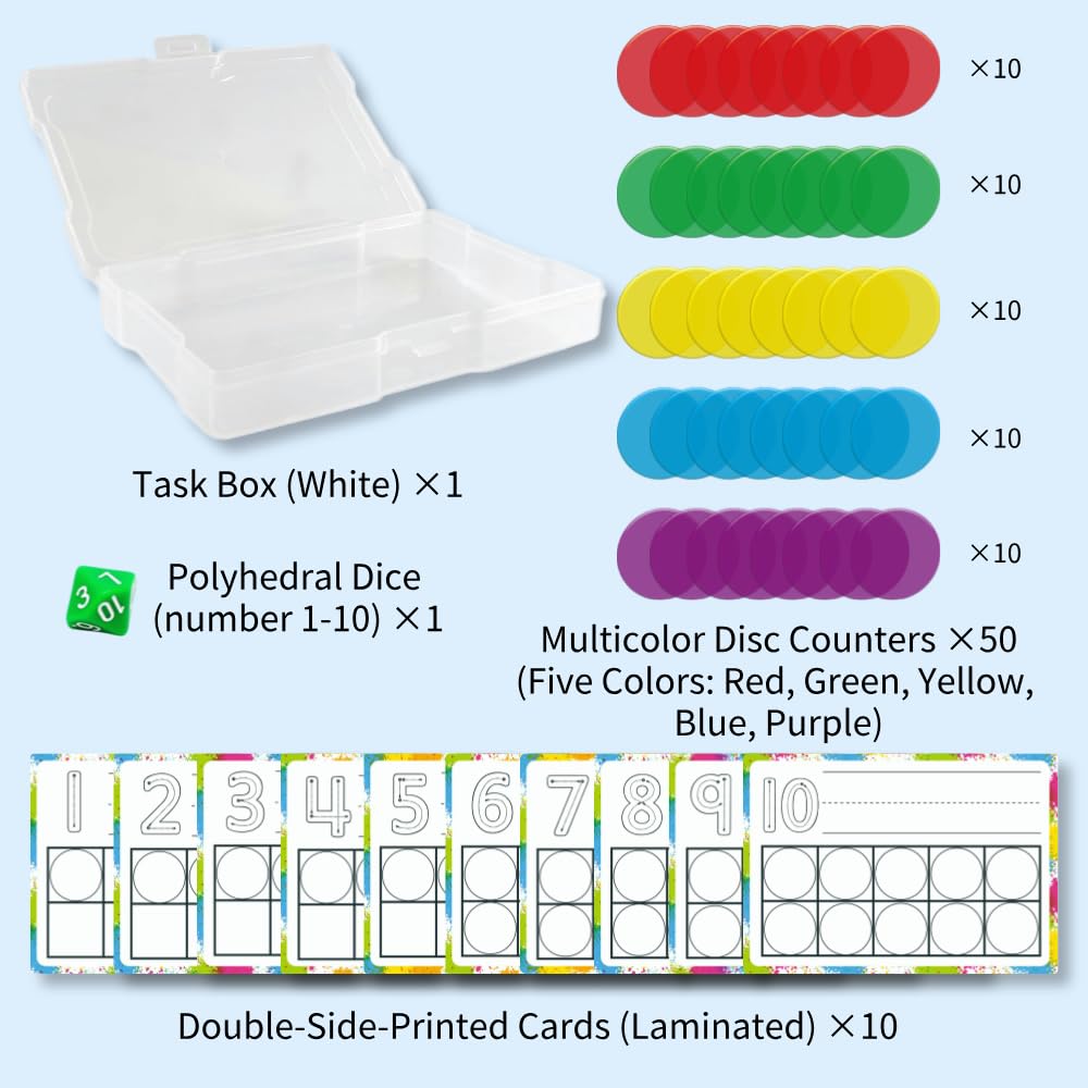 Math Task Boxes Set of 5 Math Manipulatives Themes 230+ Pieces of Number Rods, Base Ten Blocks, Ten Frame Disc Counters, Place Value Blocks, 0-9 Numbers, 3D Shapes, Activity Cards (Disc Counters)