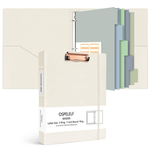 Ospelelf 3 Ring Binder 1 Inch Vintage Hardcover, Leather Organizer for Letter Size, Professional Clipboard With Dividers and Tabs, Beige