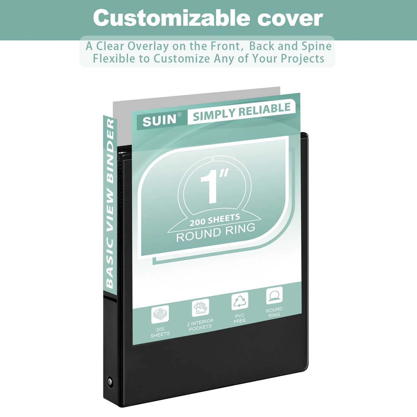 SUIN1-Inch 3-Ring-Binder, Customizable Clear View Cover, for US Letter Size 8-1/2 x 11'', Perfect for Office/School (Black - 12 Packs)