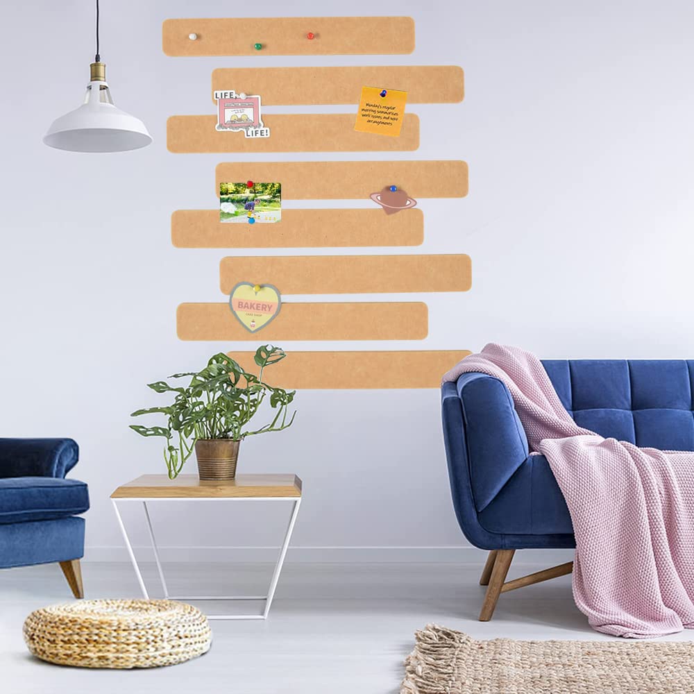 Vuzvuv 8 pcs Bulletin Board Bar Strips with 50 Pushpins & 10 Wooden Clip pins，Self Adhesive Cork Board for Wall，Felt Pin Board for School，Office Decor(Camel-Brown)