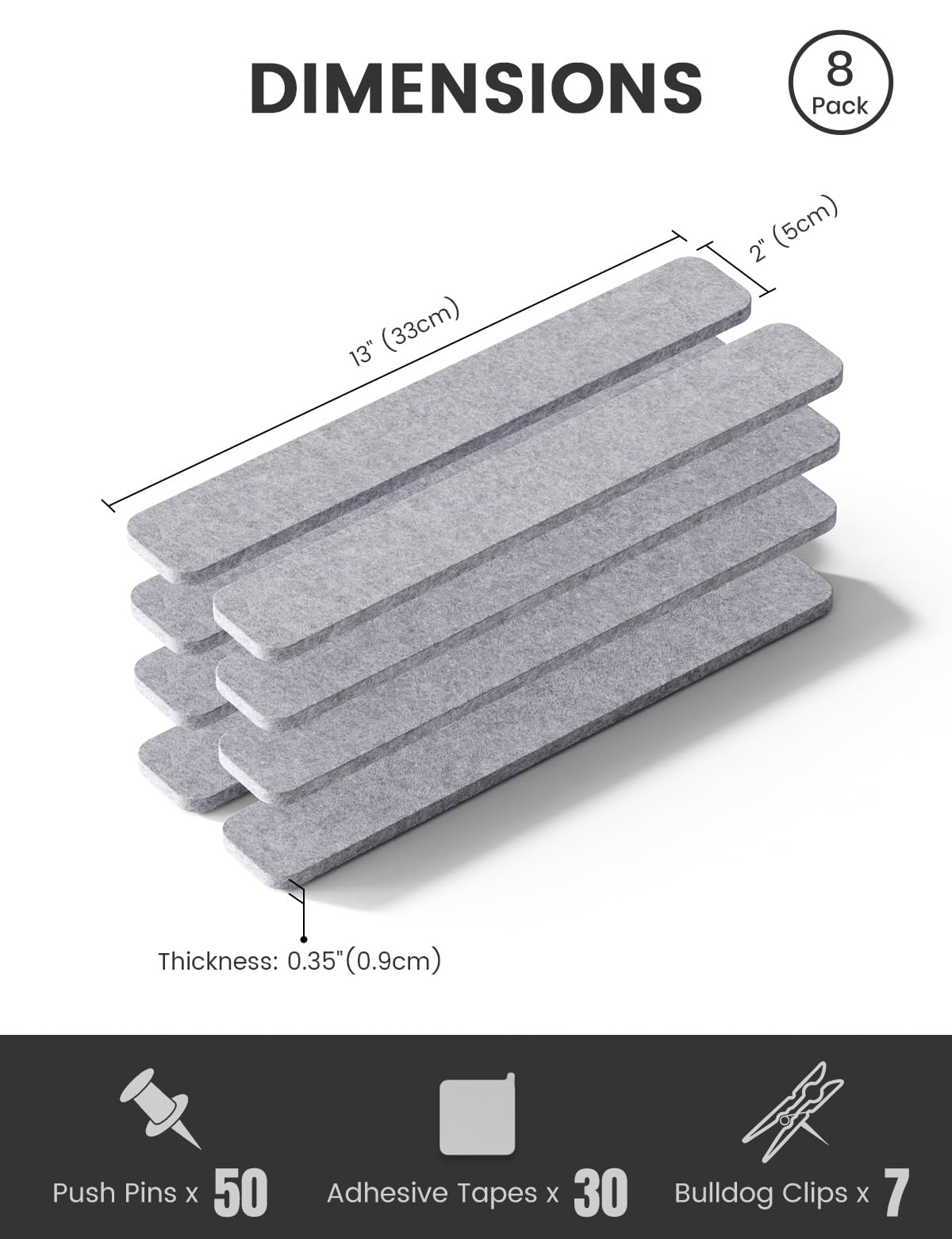 Fluxynara Cork Board Alternative Felt Strip Board 8-Pack 13"x2", Office Pin Board with 50 Push Pins, Adhesive Install for Bedroom Door & Home Office (Soft Gray)