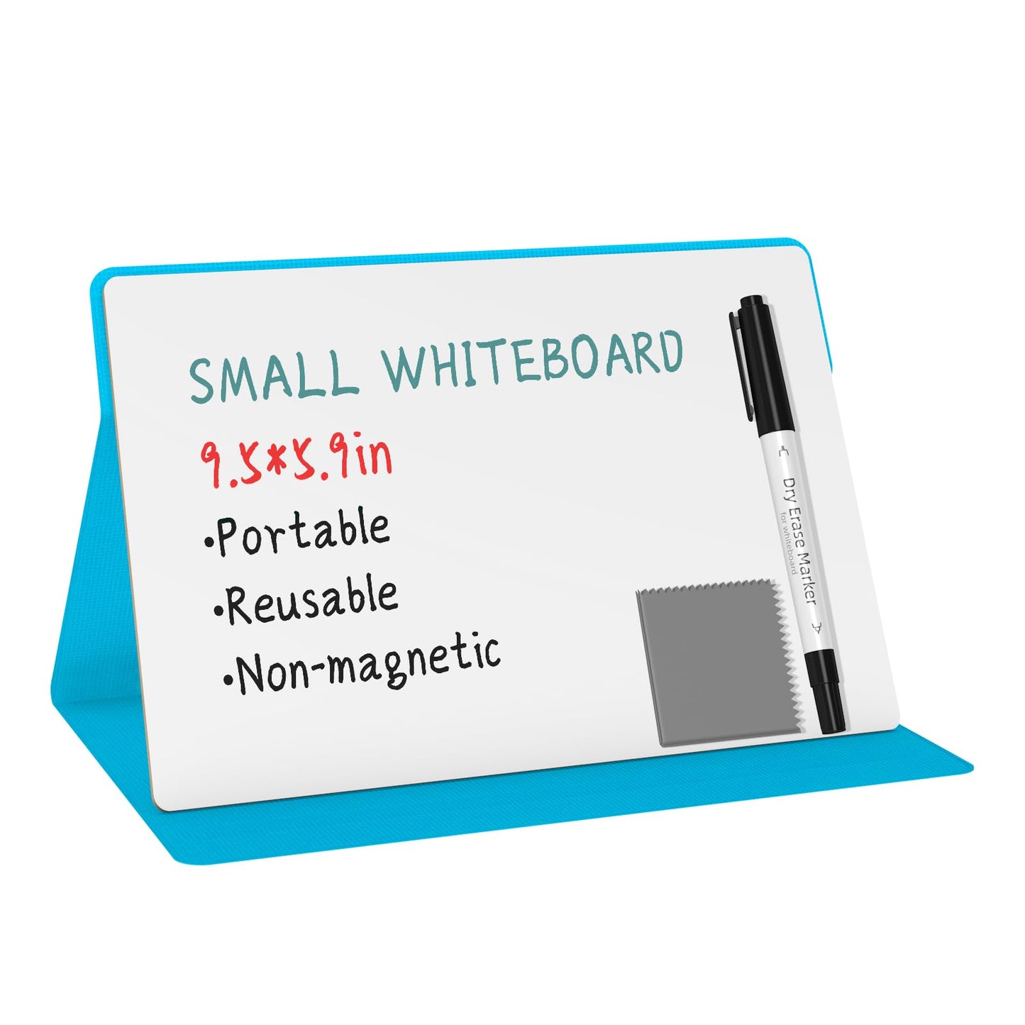 Portable Small White Board,Reusable Dry Erase Board with Stand,Desktop Whiteboard for Office Meeting Bussiness Home 9" x 6" with Marker, Wipe Cloth (Blue)