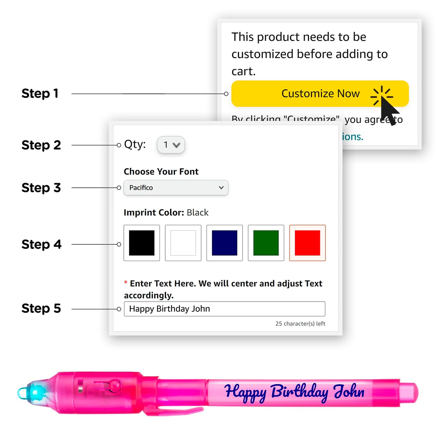 Personalized Invisible Disappearing Ink Pen Marker, Custom Secret Spy Message Writer with UV Light, Fun Activity Entertainment for Kid Party Favors Ideas Gifts and Stock Stuffers, 24 Pack, Pink