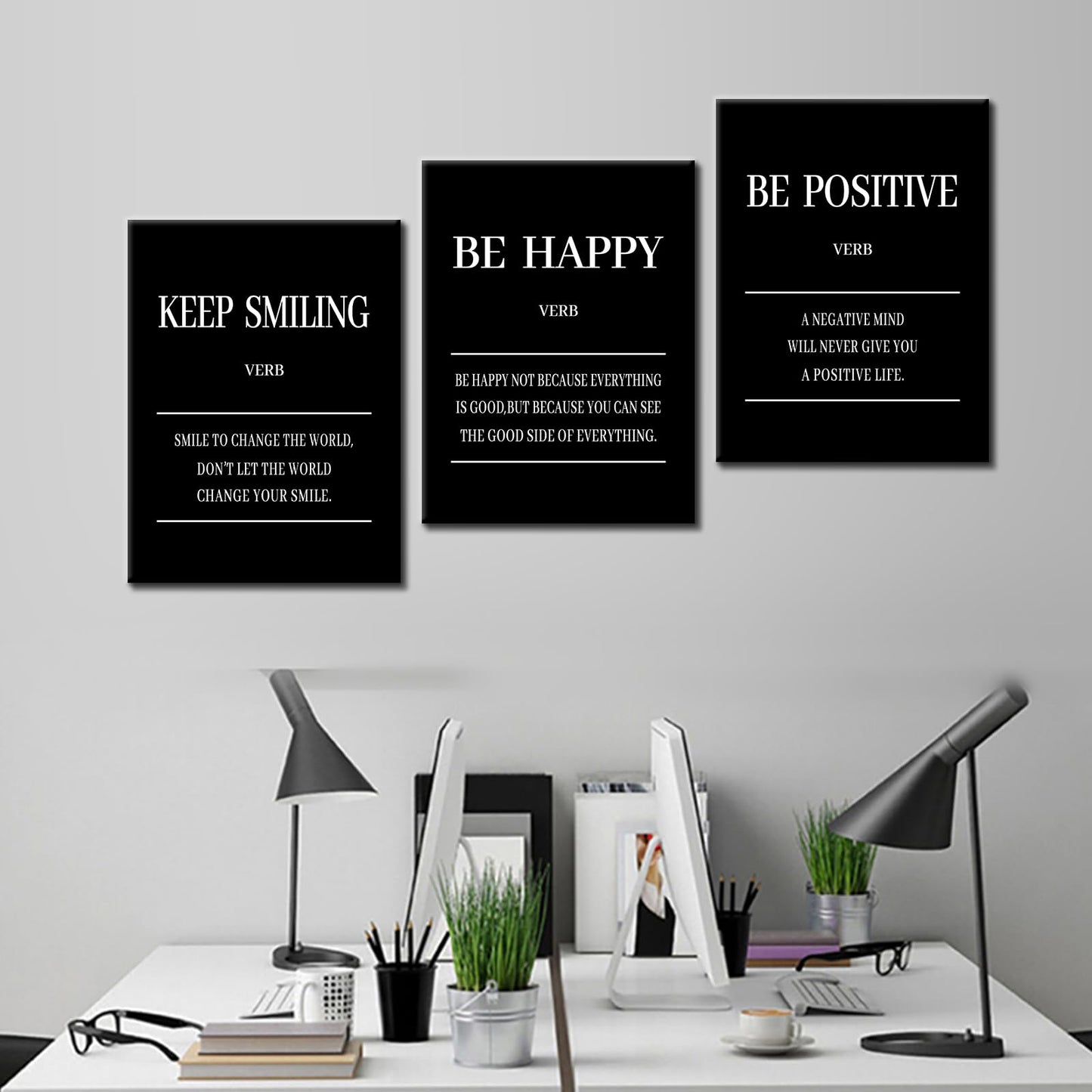 Keep Smiling Be Happy Be Positive 3 Pieces Motivational Canvas Wall Art Entrepreneur Quotes Signs Posters Prints Inspirational Paintings Pictures for Office Gym Decor Ready to Hang [36''W x 16''H]