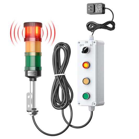 3 Stack Super Bright LED Andon Tower Light with Buzzer, 24VDC Red/Yellow/Green Signal Light, Off-ON, 16.4ft Extension Cord, 9.8ft Power Adapter, Plug Play Ready, for Factory Automation & Safety Alarms