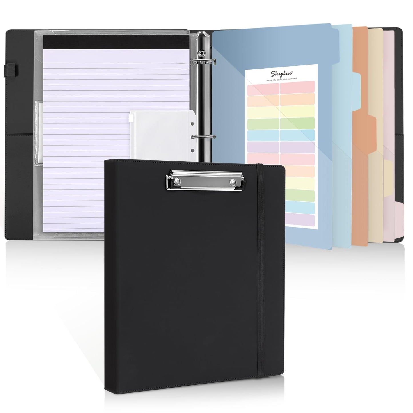 SKYDUE 3 Ring Binder with Clipboard, 13.2" × 10.2" Faux Leather 1 Inch Binder Organizer with 5 Pocket Dividers, Notepad, Labels & 2 Storage Pockets for Teachers, Students, Nurses & Office Work