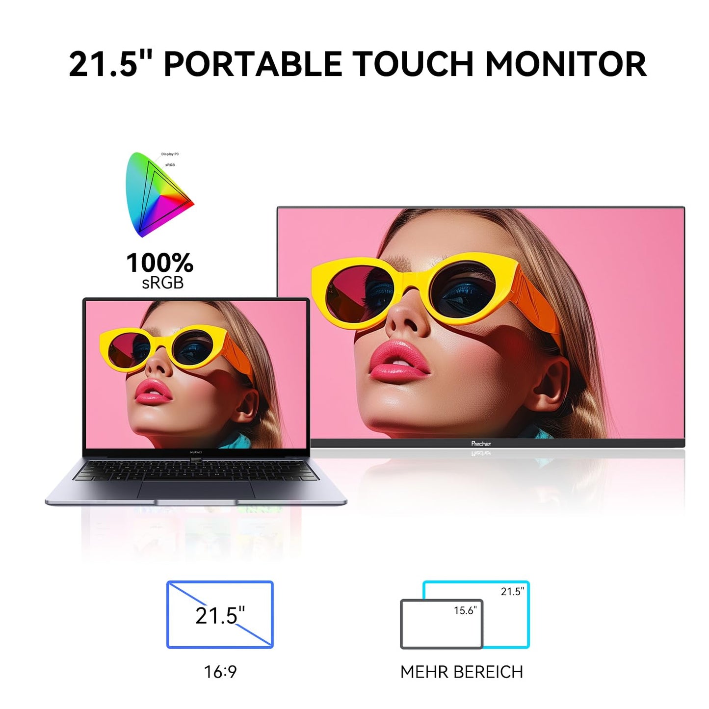 Prechen 21.5 Inch Portable Touchscreen Monitor, 1080P Computer Touch Screen w/VESA Stand Touch PC Display, 75Hz, Multi-Touch Monitor, DC HDMI & USBC for Phones PC Phone Business,Black