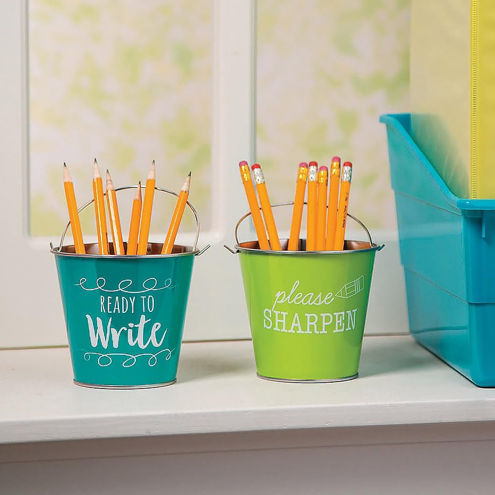 Fun Express Sharp & dull pencil holder for classroom 2 Pack Metal pail set - teacher must haves for classroom organization and storage - pencil dispenser for elementary school teacher desk accessories