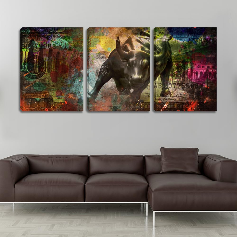 3 Pieces Bull Motivational Wall Art Canvas Poster Print Office Wall Decor Inspirational Entrepreneur Quotes Wall Art Poster Prints Picture Framed Decoration - 36" Wx 16" H