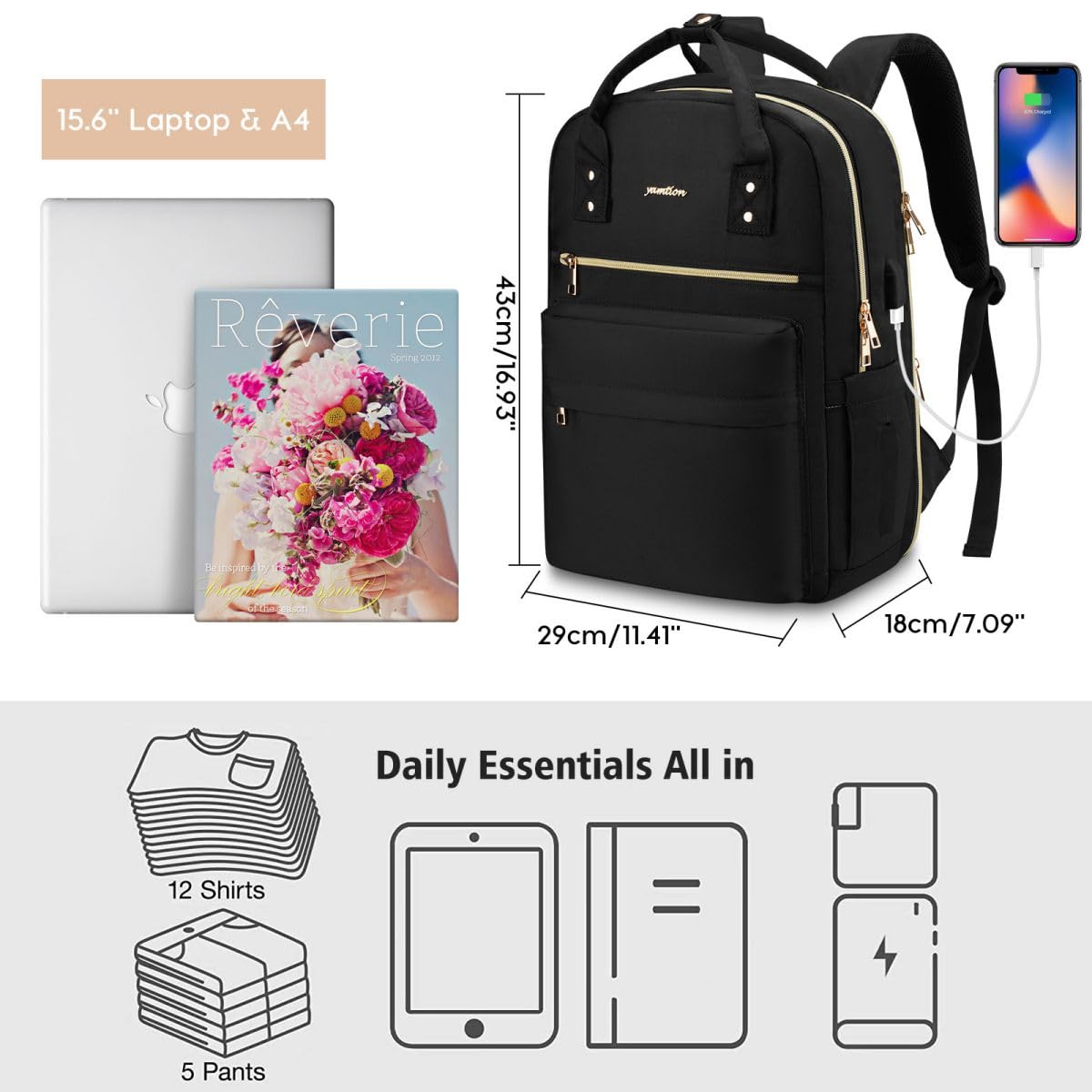YAMTION Laptop Backpack for Women Bookbag School Backpack with Charger,Aesthetic Computer Backpacks for High School Teen Girls Office College Students Nursing Work,Mochila Mujer,Beige