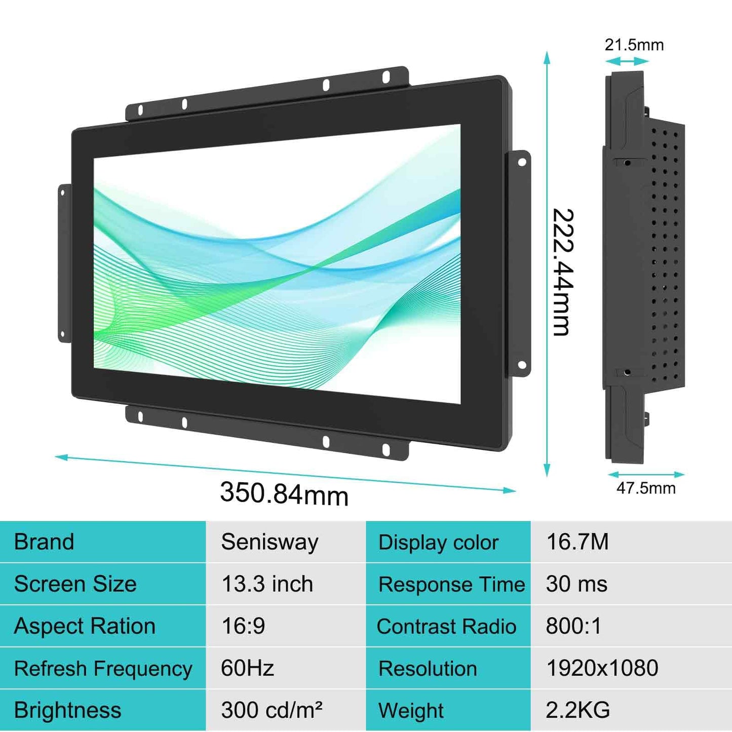 Senisway 13.3-inch Industrial Touch Screen Monitor, 10-Point Capacitive Open Frame Design, Full HD 1920x1080, for Kiosk ATM Vending Machine (Embedded Mount, IP65 Waterproof Front)