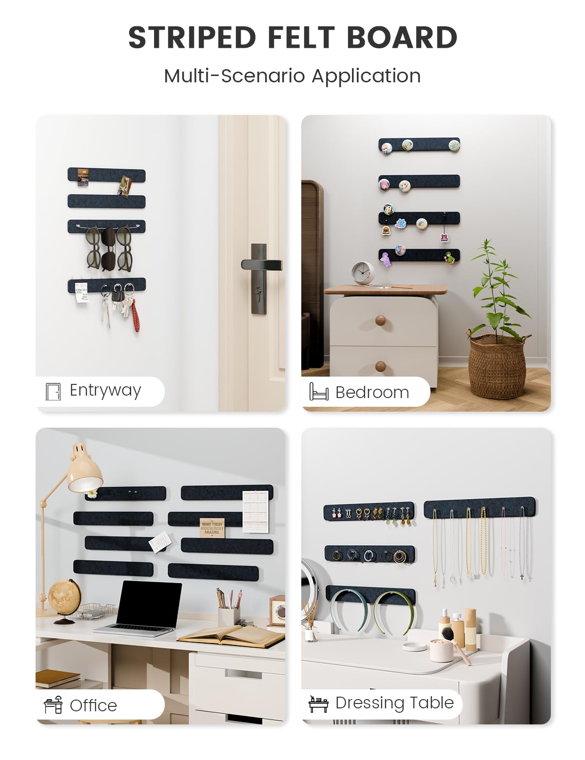 Fluxynara Cork Board Alternative Felt Strip Board 8-Pack 13"x2", Office Pin Board with 50 Push Pins, Adhesive Install for Bedroom Door & Home Office (Midnight Blue)