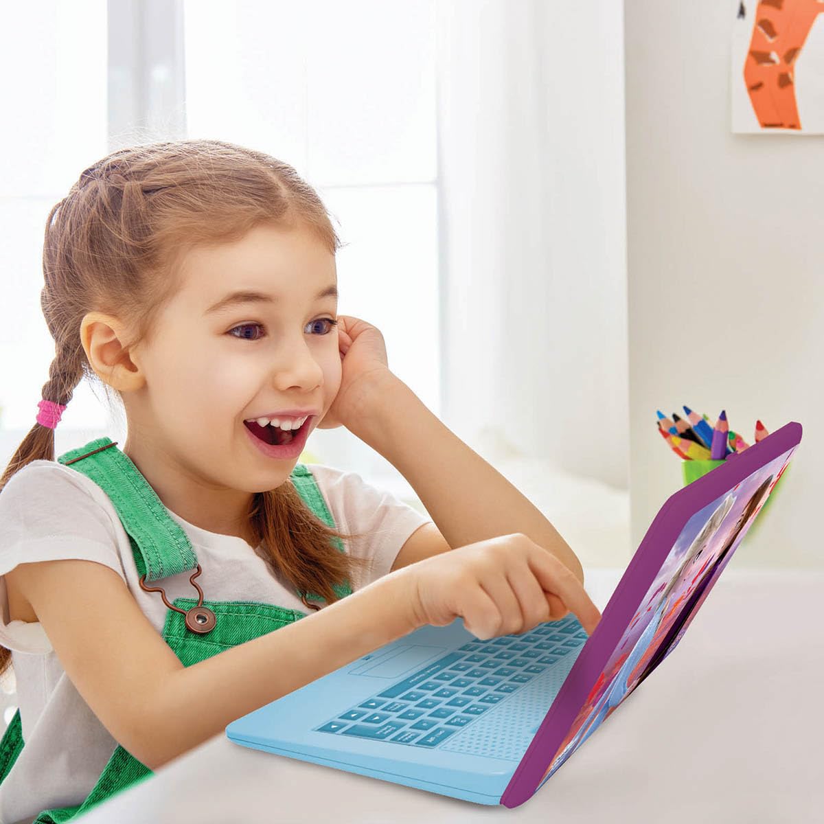 LEXiBOOK Disney Frozen 2 - Educational and Bilingual Laptop Spanish/English - Girls Toy with 124 Activities to Learn, Play Games and Music with Elsa & Anna - Blue/Purple, JC598FZi2