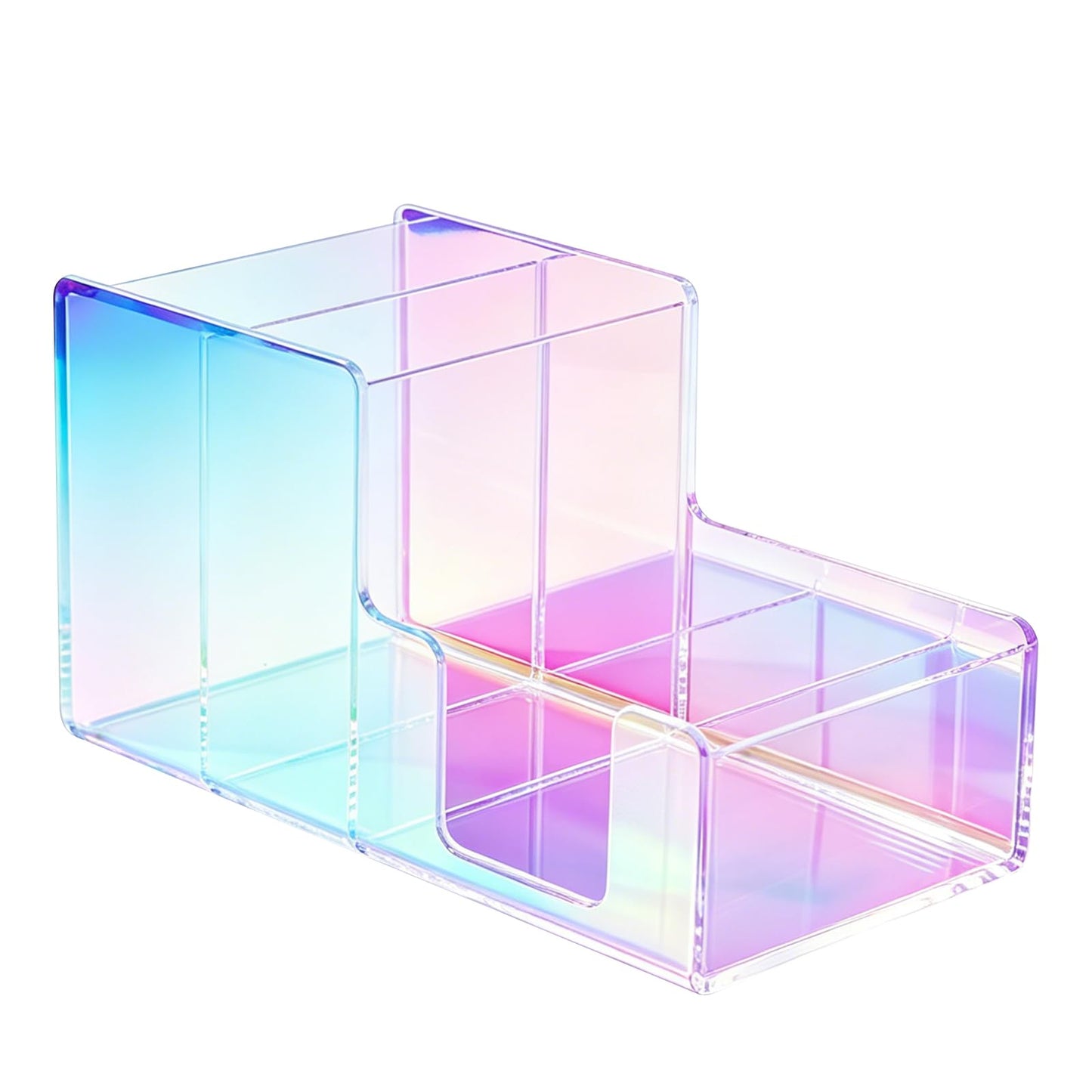 Iridescent Acrylic Desk Organizer with 3 Compartments - Clear Pencil Holder for Office, School & Home - Large Capacity Stationery Storage for Pens, Scissors, Sticky Notes, Paper Clips - Non-Slip Base