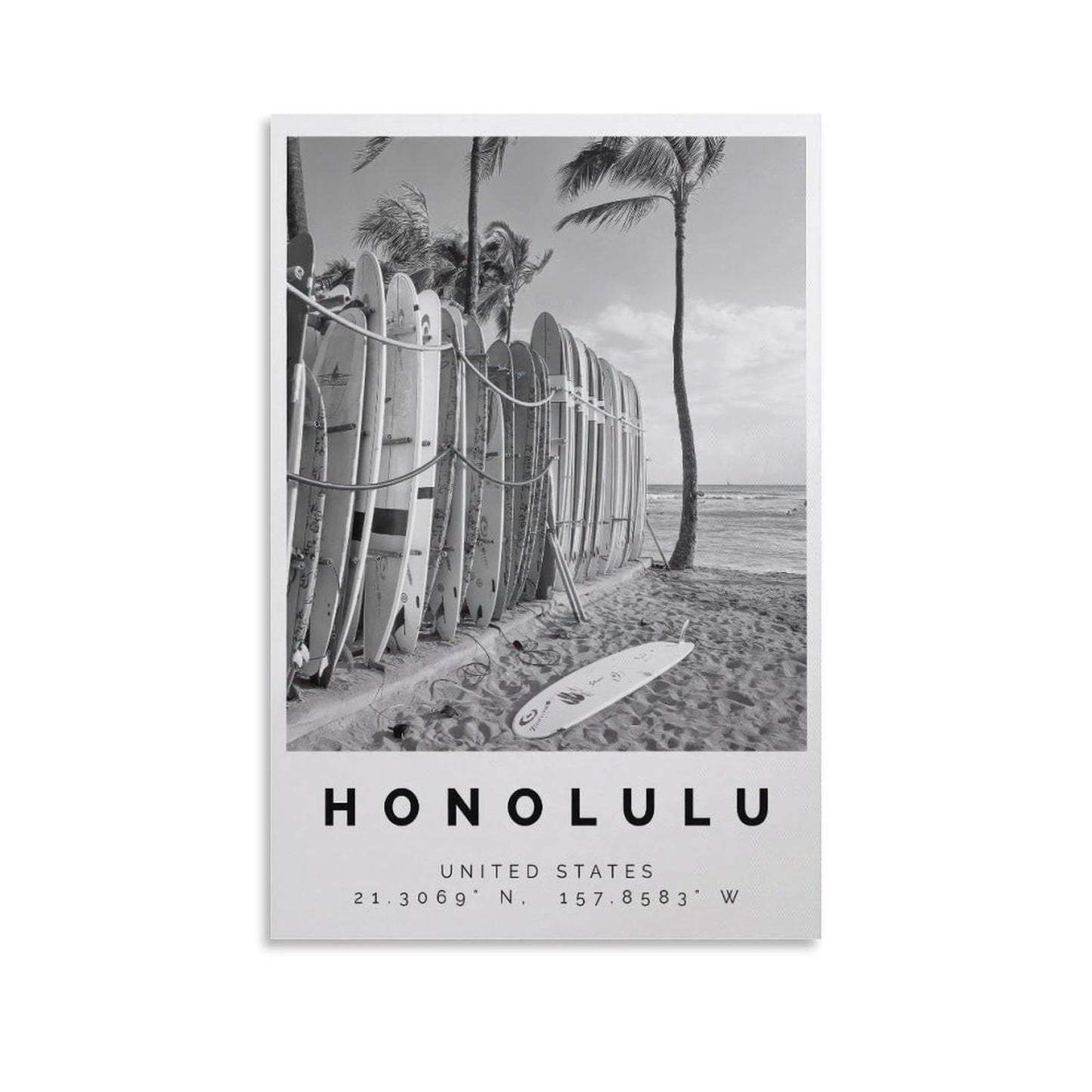 Honolulu Poster Black And White Featuring Surfboards, Palm Trees & Ocean View Canvas Wall Art Aesthetic Decorative Painting Living Room Restaurants, Pool Halls And Hotelsstyle 12x18inch(30x45cm)