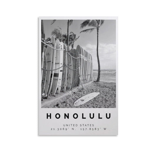 Honolulu Poster Black And White Featuring Surfboards, Palm Trees & Ocean View Canvas Wall Art Aesthetic Decorative Painting Living Room Restaurants, Pool Halls And Hotelsstyle 12x18inch(30x45cm)