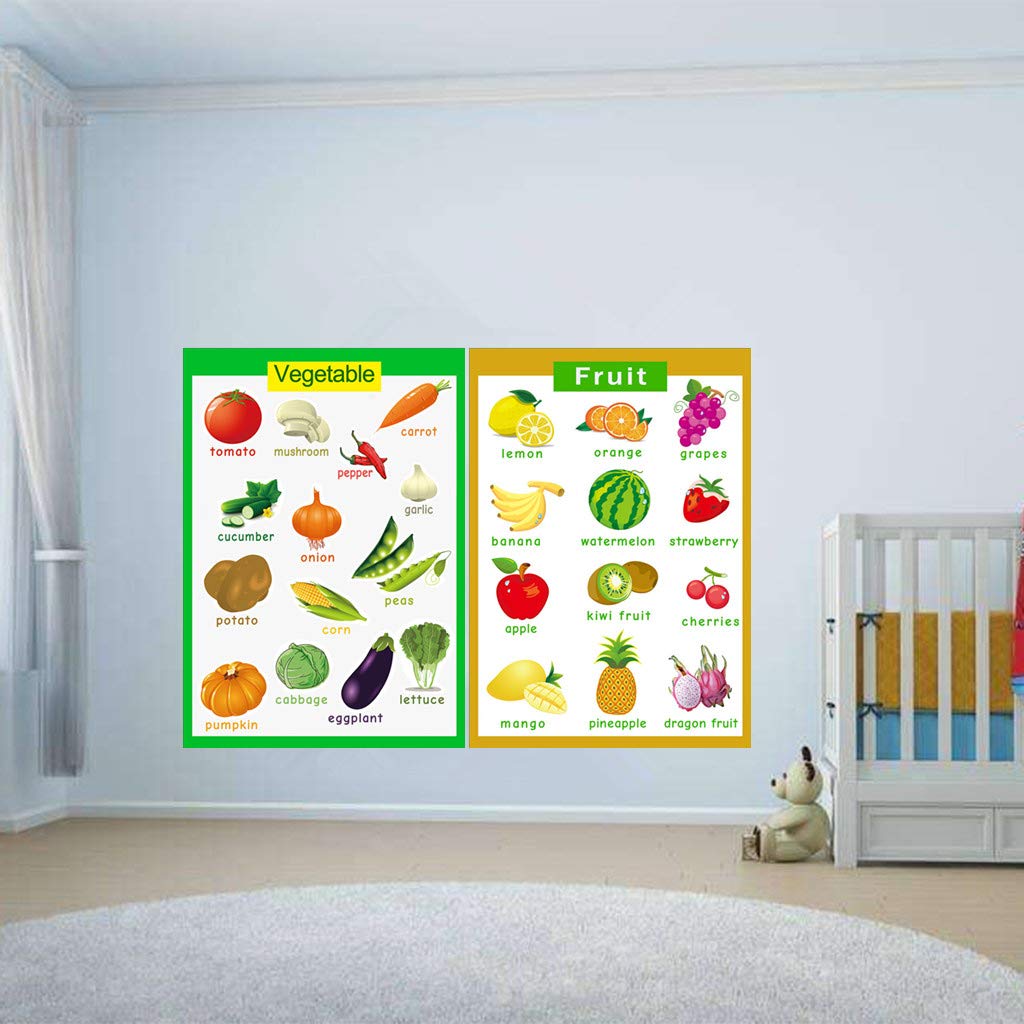SANTSUN Set of Educational Preschool Poster for Toddlers and Kids|Great for Nursery Homeschool Kind Classroom decorations|School Wall Decor- Fruits,Vegetables（2 Pcs） (17x24in)
