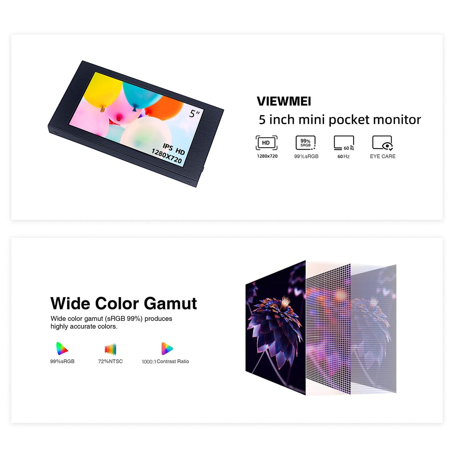 VIEWMEI 5 inch IPS Small Hdmi Monitor 1280 * 720 Mini LCD Screen Portable Display Monitor