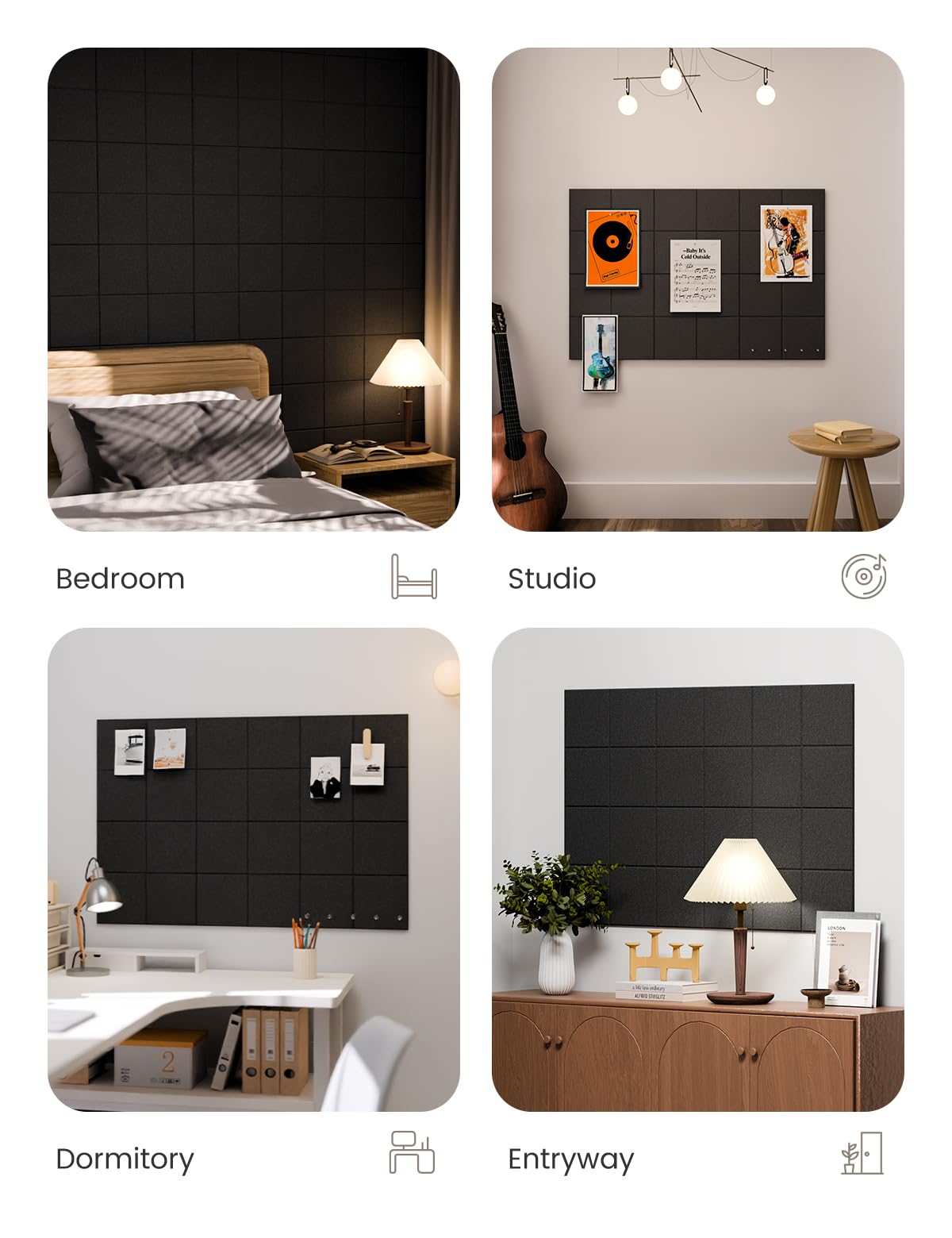 Large Felt Bulletin Board 36"x24", 6-Pack 4-Compartment Wall Organizer, Cork Board Alternative with 60 Removable Adhesive Tabs, Modular Felt Panels for Home Office, Classroom and Study-Black