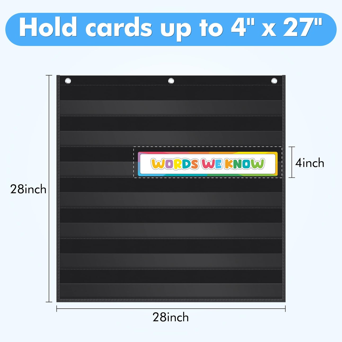 AUVCAS Standard Pocket Chart Clear 7 for Classroom & Home Heavy Duty Hanging Pocket Chart for Word Wall/Letter Cards/Sentence Strips 28Wx28L,Black