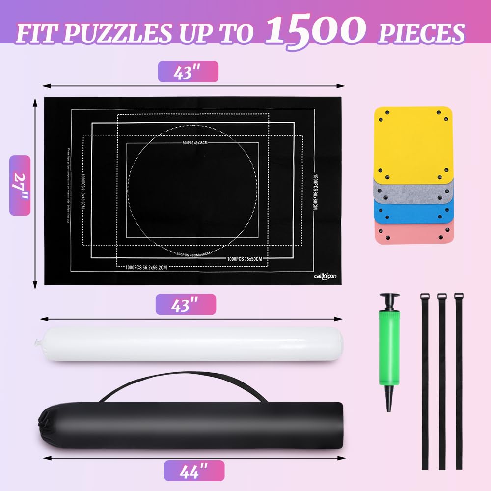 CALLKROON Puzzle Roll Up Mat Set - 1500 Piece Puzzles, Premium Felt Puzzle Saver, 4 Sorting Trays & Inflatable Tube, Durable Puzzle Storage and Organizer