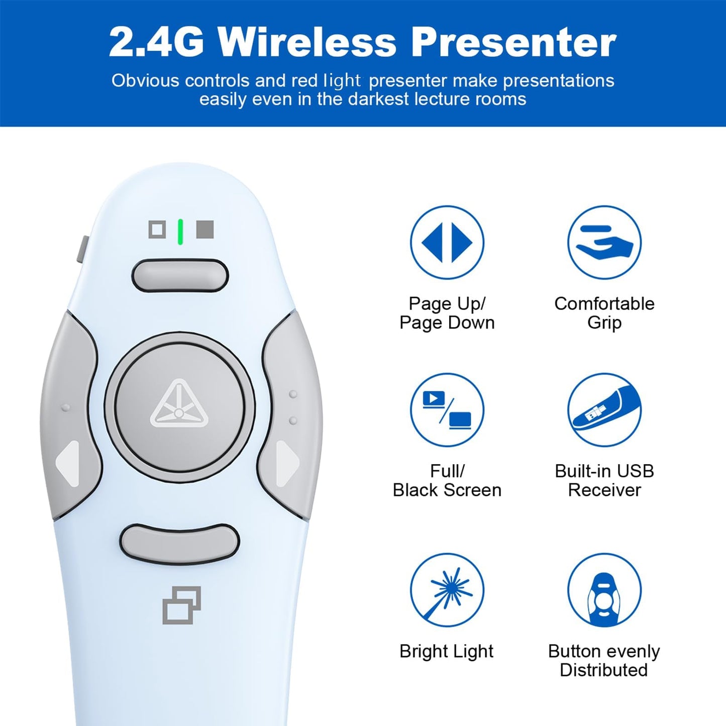 QUI Presentation Clicker Wireless Presenter Remote Clicker for PowerPoint Presentation Remote, PowerPoint Slide Advancer for Mac/Windows/Google Slide/Keynote, Blue, A