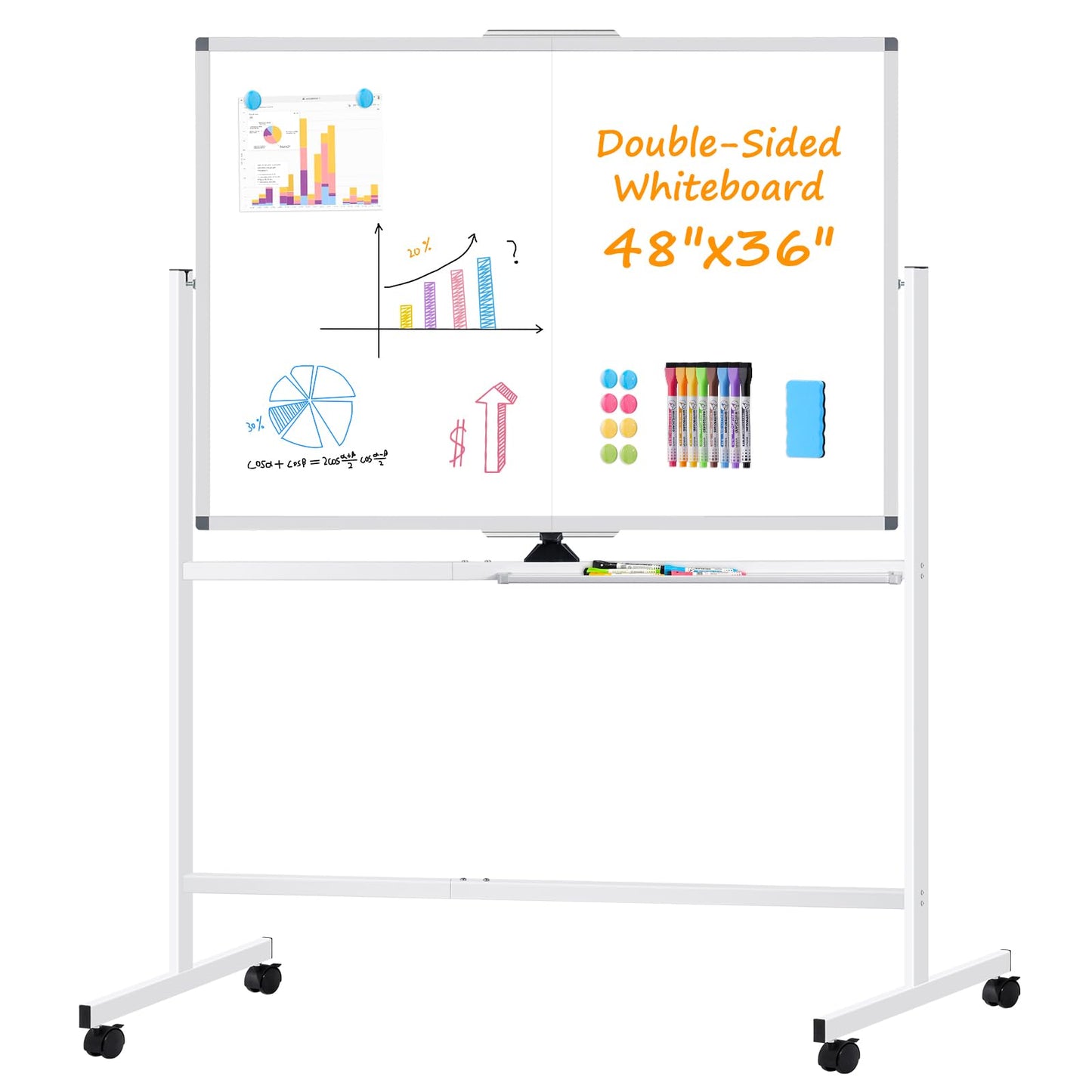 WALGLASS Rolling Dry Erase Whiteboard, 48"x36" Double-Sided White Board on Wheels, Large Portable White Board with Stand, Mobile Standing Whiteboards for Office, Home, School, Classroom 4x3 ft