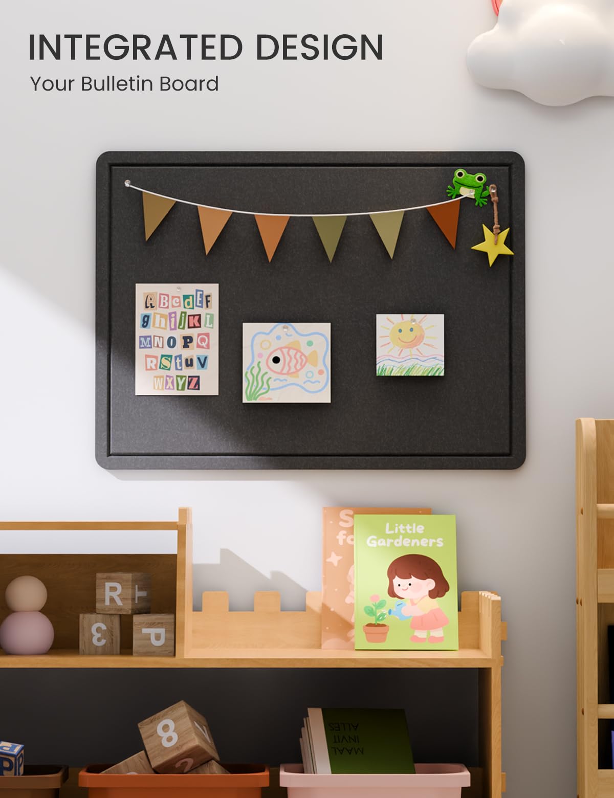 Fluxynara Bulletin Board, 23.6" x 17.5" Cork Board Alternative with 12 Safe Removable Adhesive Tabs, Foldable Felt Pin Board for Home Office, Classroom, Bedroom,Entryway for Walls—Black