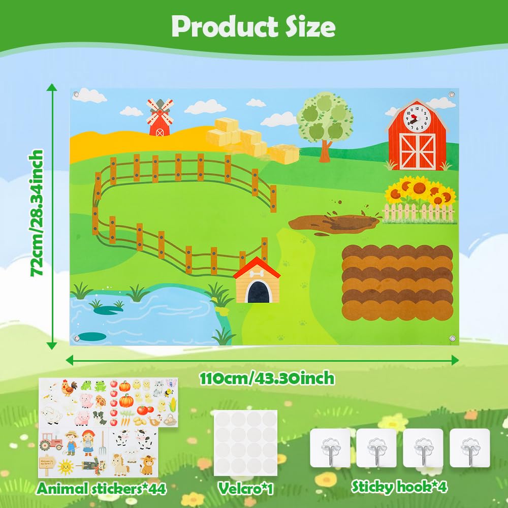 SUYEPER Farm Felt Story Board Set with 44pcs Animal Figures and Clock Number Learning Children's Story Set Storytelling Early Education Learning Board, Preschool Wall-mountable.