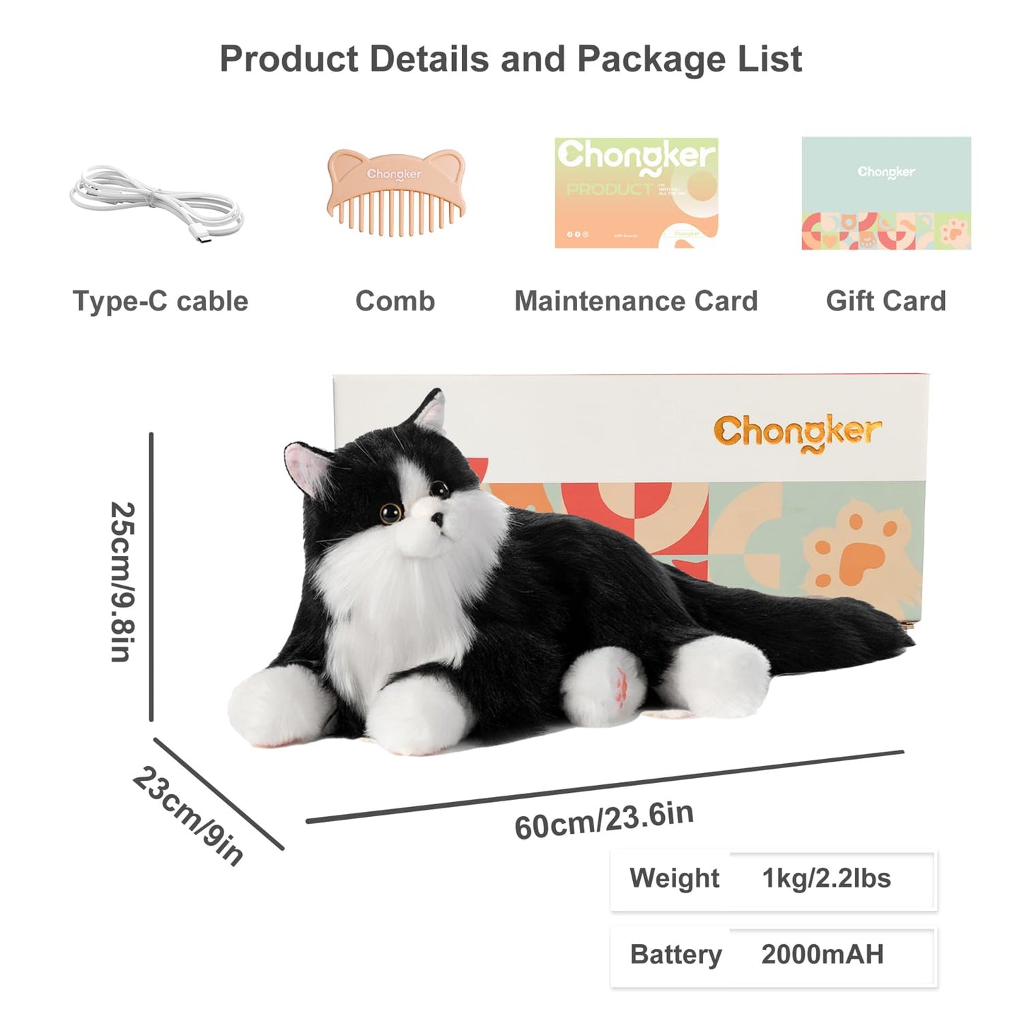 Chongker Interactive Companion Robot Cat, Weighted Breathing Stuffed Animals, Cat Plush Toy with Meow Voice, Breathing, Response, Realistic Heartbeat and Purring (Border Collie)