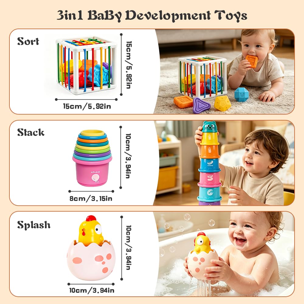 Caiery 4 in1 Montessori Toys for 1 Year Old,17 Pcs Boys Girls 1st Birthday Gifts, Stacking Cups,Shape Sorter,Multi Sensory Shapes for Babies Early Educational Baby Travel Toys for Toddler 6-12 Months