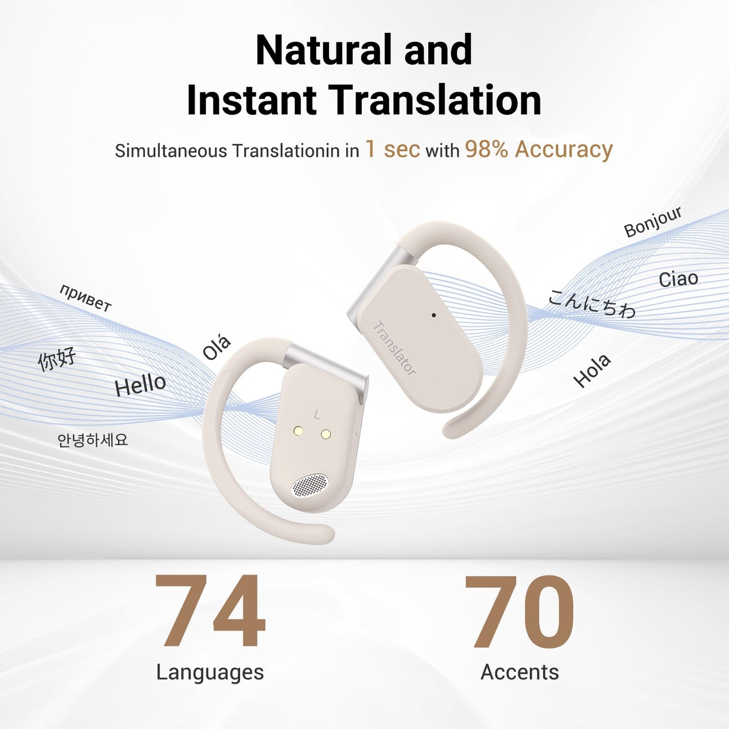 ANFIER M9 Language Translator Earbuds Open-Ear Headphones Support 144 Languages & Accents Translation Earbuds Real Time Translator Device, Snug Fit, Ergonomic Ear Hooks Beige (Without Offline Package)
